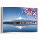 Vintage poster art of Mount Fuji with colorful details on a black background, framed canvas, ideal for living room decor.