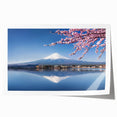 Extra large rolled print depicting Mount Fuji with pink cherry blossoms in foreground, ideal for art wall dining room.