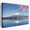 Mount Fuji depicted in muted blue and white hues on a large stretched canvas, suitable for kitchen wall art.