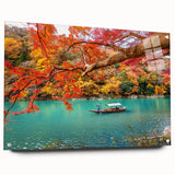 Large abstract wall art depicting an Asian scenery in muted earth tones on acrylic glass.