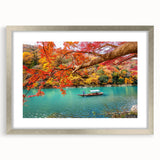 Textured abstract art print of a Japanese scenery in muted earth tones, framed in silver, ideal for bedroom art.