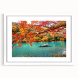 Abstract art print of a Japanese landscape in muted earth tones on a framed canvas, ideal for dining room decor.