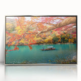 Mid-century modernist art depicting a serene Japanese landscape in muted earth tones on a framed acrylic panel.