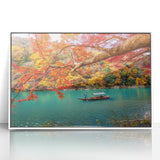 Art deco poster of a serene Japanese landscape in muted earth tones, framed acrylic, ideal for modern art wall decor.