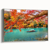 Framed canvas depicting a vintage Japanese landscape with colorful elements on a black background.