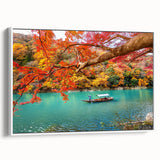 Vintage poster art of a Japanese scenery on framed canvas, featuring colorful elements against a black background.