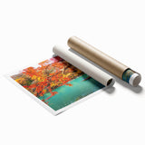 Extra large rolled print of a Japanese floral scene in muted colors, suitable as classy bathroom wall art.
