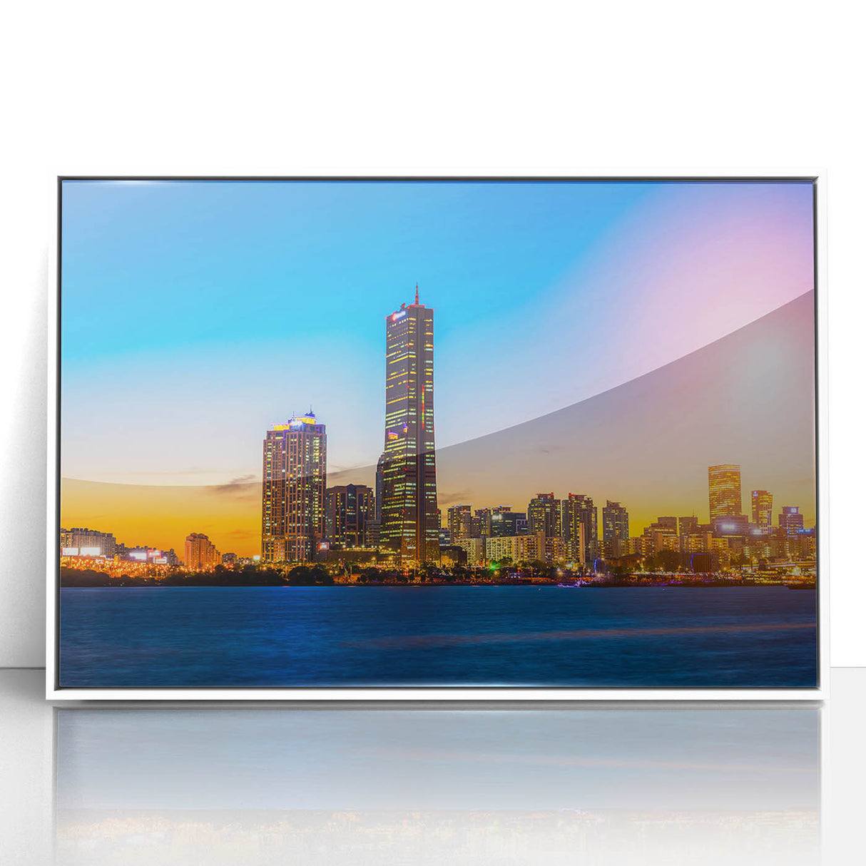 Acrylic print of Seoul skyline in muted monochrome tones, ideal for modern art wall decor.