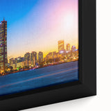 Black wall art depicting a textured, colorful Seoul cityscape on a large framed canvas, ideal for living room decor.