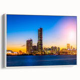 Vintage poster art of Seoul with vibrant colors on a large framed canvas, ideal for living room decor.