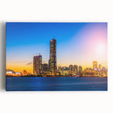 Black and white photograph of Seoul skyline on large stretched canvas, ideal for kitchen wall art.