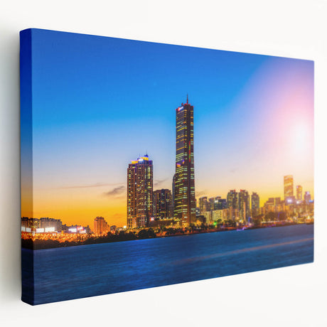 Large canvas print of Seoul skyline in muted gray and blue tones, suitable for kitchen wall art.
