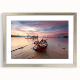 Textured abstract art print of Asian scenery in silver frame, displaying muted earth tones, ideal for bedroom art.