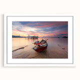 Abstract art print of a Malaysian landscape in muted earth tones on a framed white canvas.