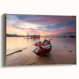 Framed canvas featuring a vintage-style landscape painting of a Malaysian scenery in gold and black tones.