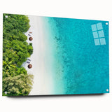 Large abstract wall art of the Maldives on acrylic glass, featuring blue and turquoise sea hues.