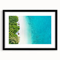 Extra large textured abstract art print of colorful Maldivian scenery on a framed black mat, ideal for living room decor.