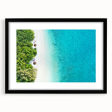 Extra large textured abstract art print of colorful Maldivian scenery on a framed black mat, ideal for living room decor.