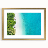 Extra large abstract art print of a Maldivian scenery in muted blue and green tones, framed in gold.