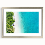 Textured art of Maldives scenery in muted blues and greens, framed with a silver mat, suitable for bedroom decor.