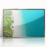 Mid-century modernist art depicting a serene Maldives scenery in muted blue tones on a framed acrylic print.