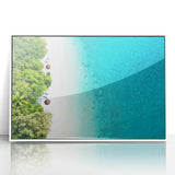 Art deco style poster of a Maldivian scenery in pastel shades, framed acrylic, ideal for modern nursery wall art.