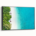 Black and white framed canvas of a Maldivian landscape, ideal for bedroom wall art.