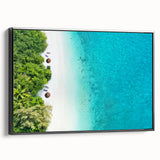 Black and white framed canvas of a Maldivian landscape, ideal for bedroom wall art.