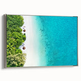 Landscape art painting of the Maldives on a framed canvas, featuring vibrant blue and green hues.
