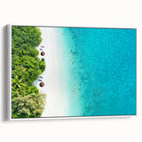 Vintage poster art of a Maldivian scenery on a framed canvas, featuring vibrant colors, ideal for living room decor.