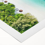 Art deco poster of a serene Maldivian beach with soft blue and white tones on rolled canvas.