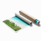 Rolled print of a serene Maldivian landscape with lush flora and ocean view, in soft blue and green tones.