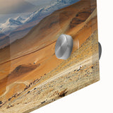 Large abstract wall art depicting a Mongolian landscape in muted earth tones on acrylic glass, ideal for dining room decor.