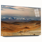 Large abstract wall art depicting a Mongolian landscape in muted earth tones on acrylic glass.