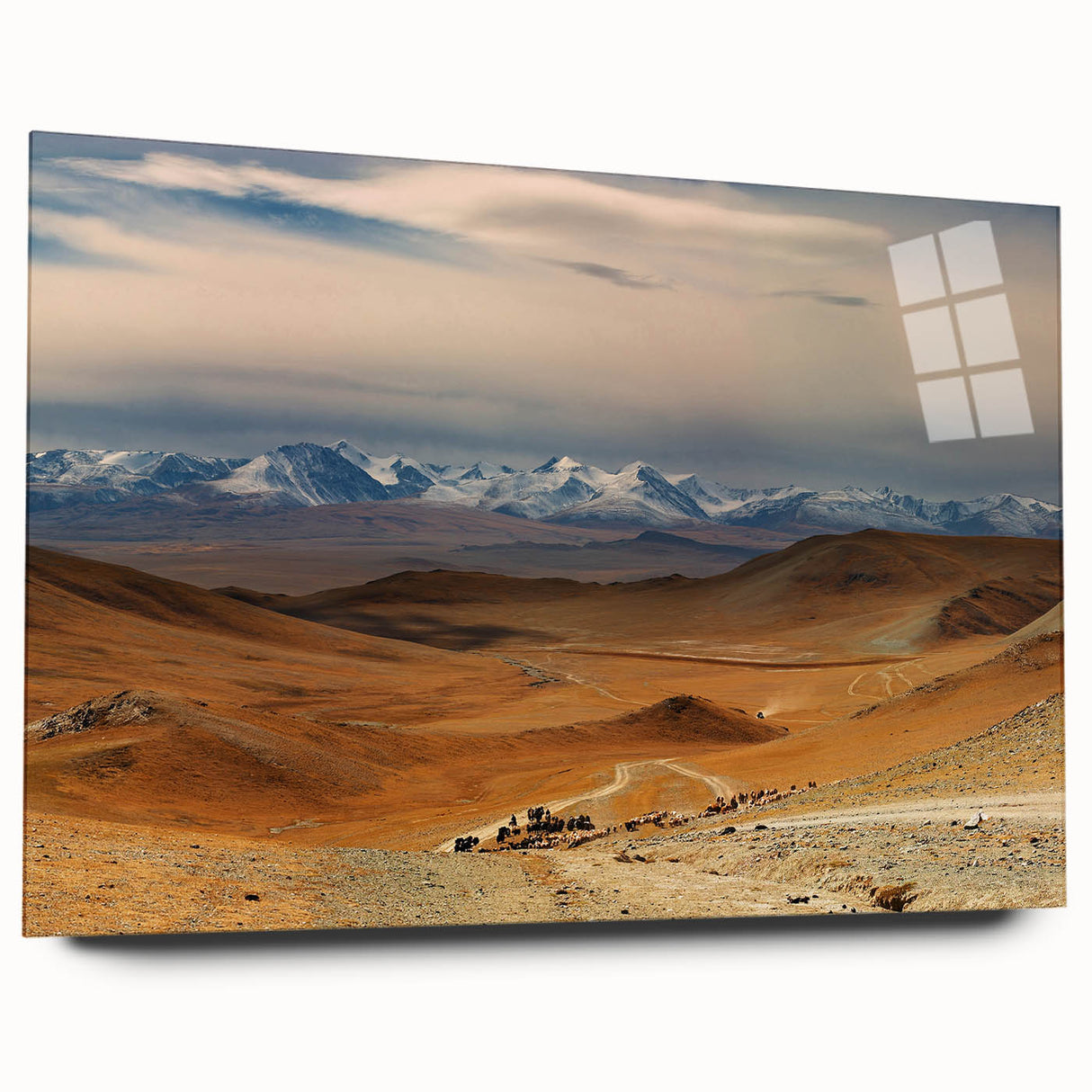 Large abstract wall art of a Mongolian landscape in muted earth tones on acrylic glass.