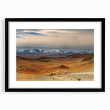 Extra large abstract art print of a colorful Mongolian landscape on textured canvas, framed in black.