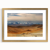 Extra large abstract art print of a Mongolian landscape in textured gold frame, suitable for living room decor.