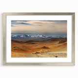 Textured abstract art print depicting a Mongolian landscape in muted earth tones, framed in silver, ideal for bedroom art.
