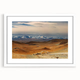 Abstract art print featuring a stylized Mongolian landscape in muted earth tones on a framed white mat.