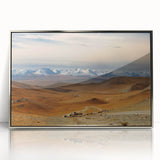 Mid-century modernist art depicting a serene Mongolian landscape in cool blue and green tones, framed acrylic.