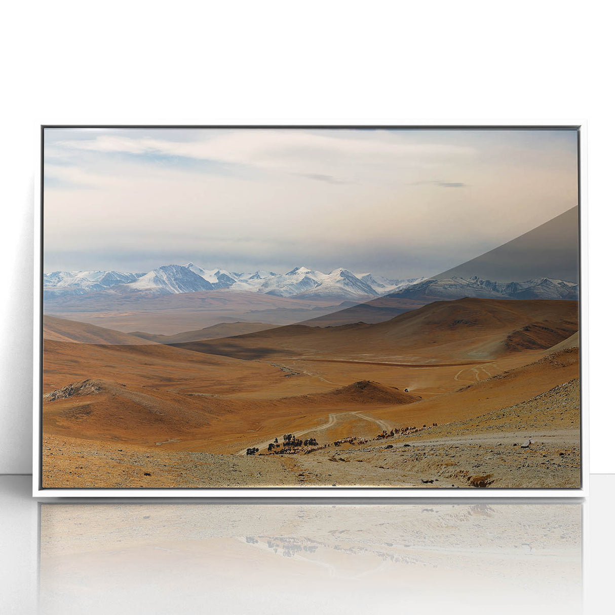 Art deco poster of a Mongolian landscape in muted earth tones, acrylic print in a white frame.