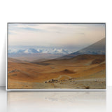 Art deco poster of a Mongolian landscape in muted earth tones, acrylic print in a white frame.