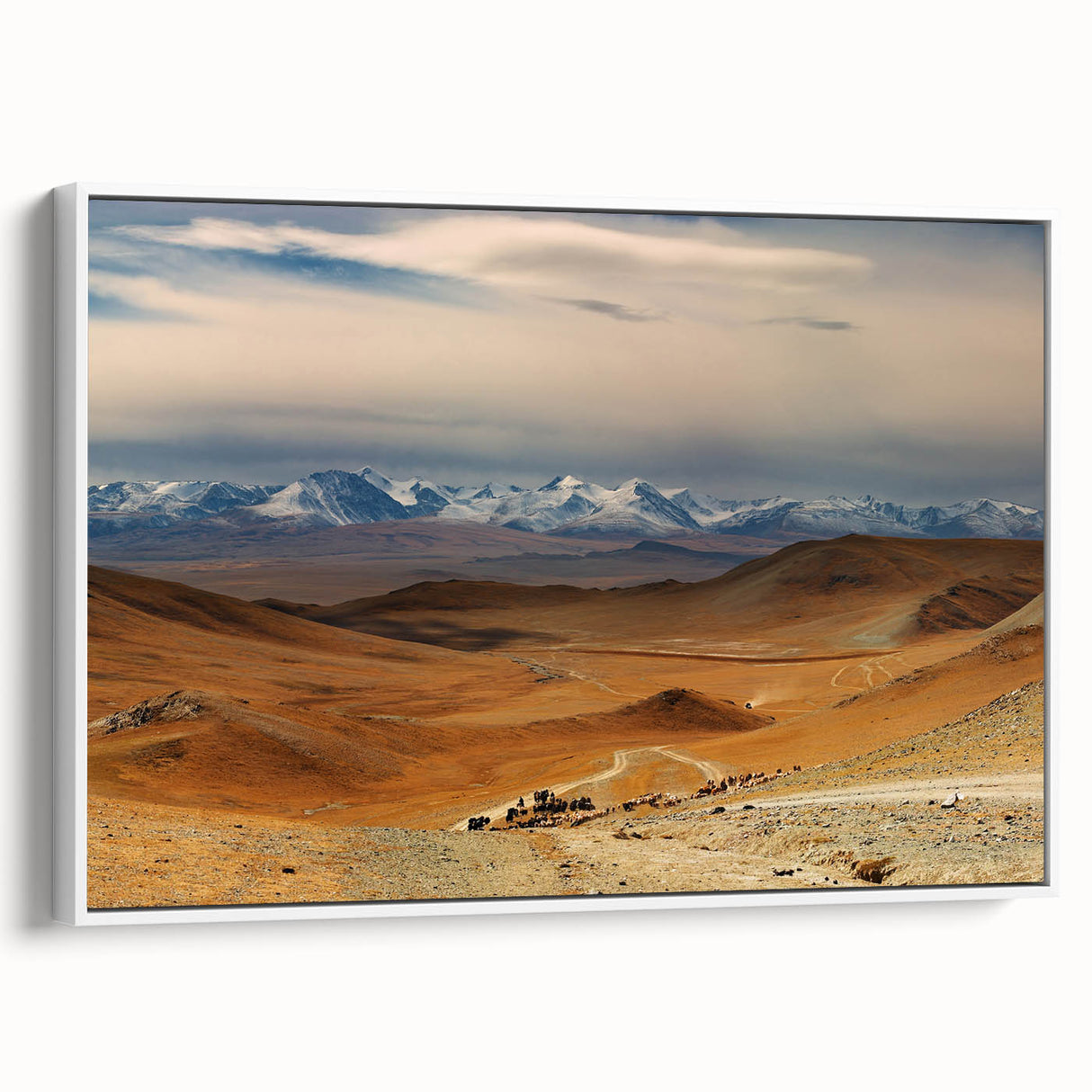 Extra large framed canvas featuring a vintage poster art of a colorful Mongolian scenery, ideal for living room decor.