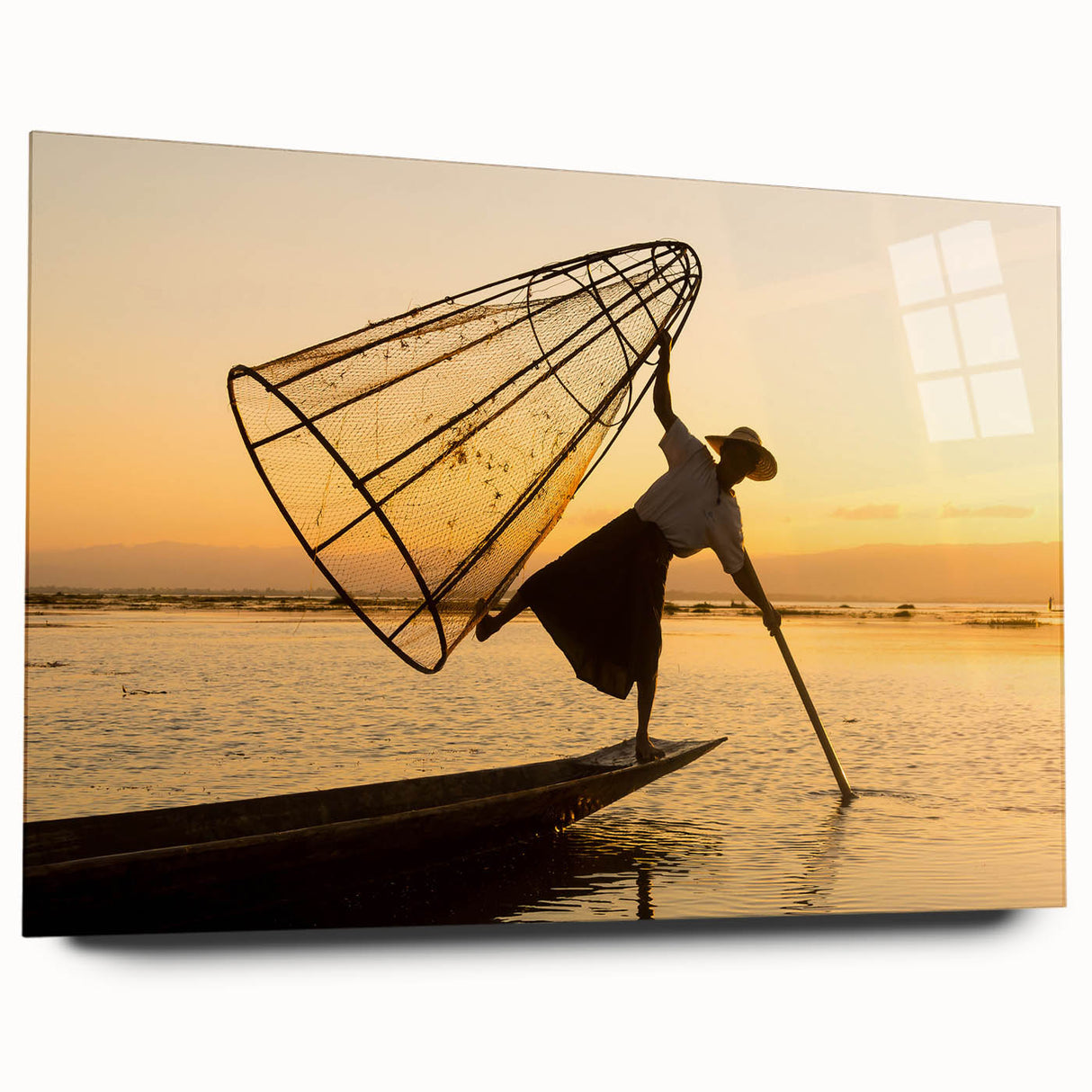 Large abstract wall art depicting a serene Myanmar landscape in muted earth tones on acrylic glass.