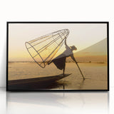 Large abstract wall art depicting a serene Myanmar landscape in muted earth tones on a framed acrylic.