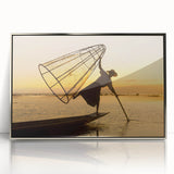 Mid-century modernist art depicting a serene Myanmar landscape in muted earth tones on a framed acrylic panel.