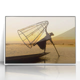 Framed acrylic print of a serene Myanmar landscape in muted earth tones, ideal for modern art wall decor.