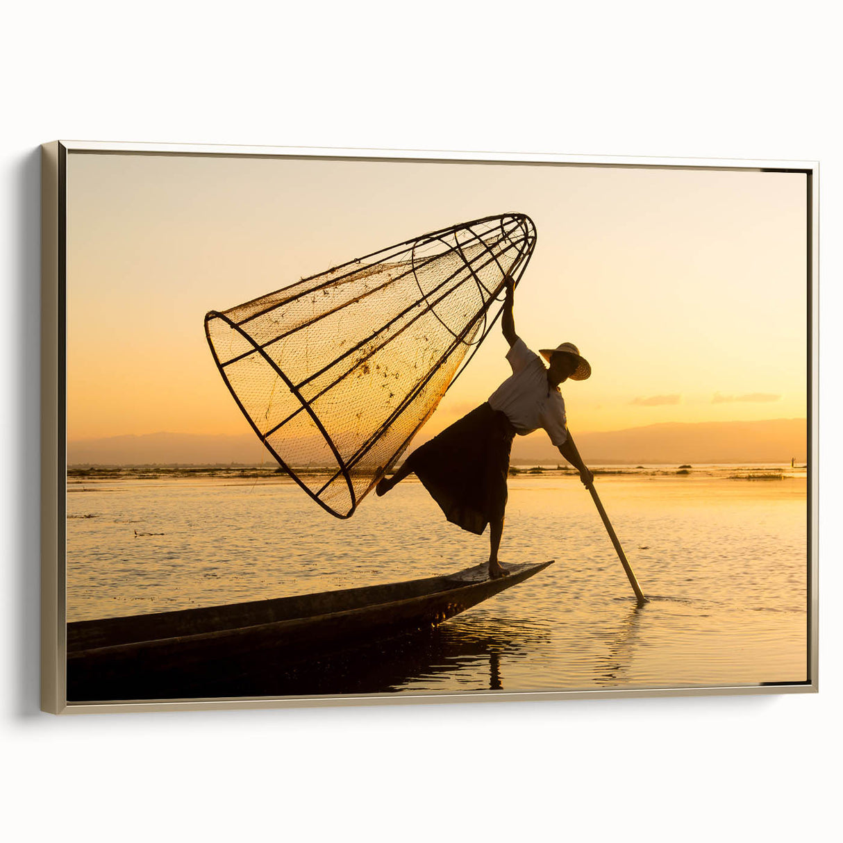 Framed canvas of a vintage-style Myanmar landscape in black and gold tones, ideal for bedroom wall art.