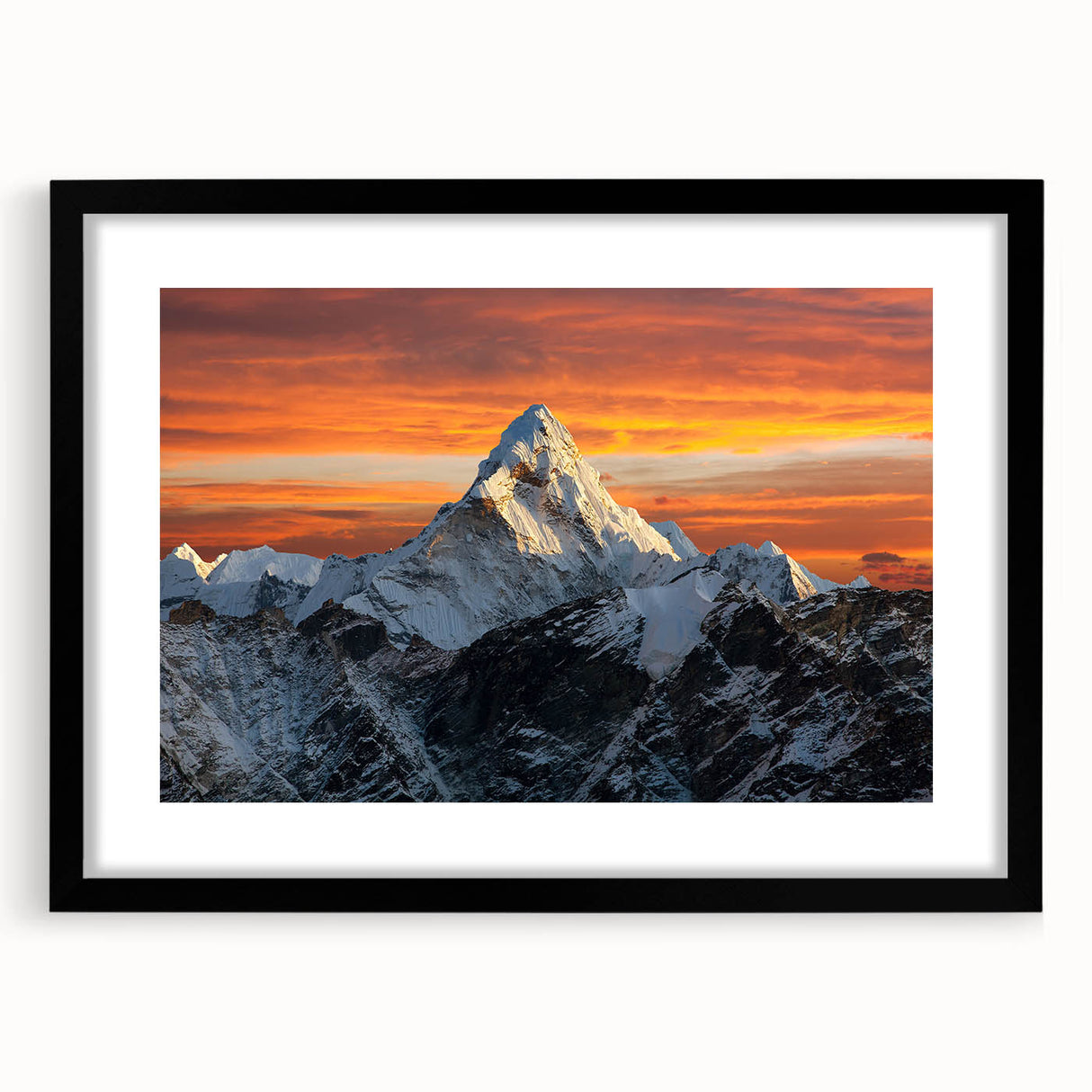 Extra large textured abstract art print of colorful Everest scenery, framed in black, ideal for living room decor.