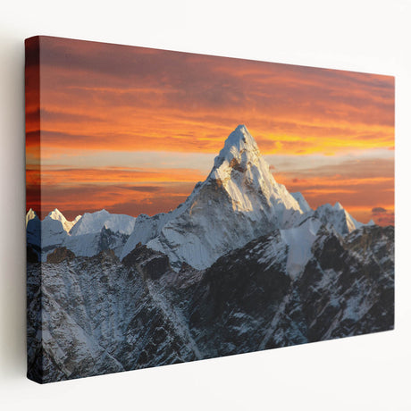 Large canvas print of Mount Everest, featuring subdued blues and grays, ideal for kitchen wall art.